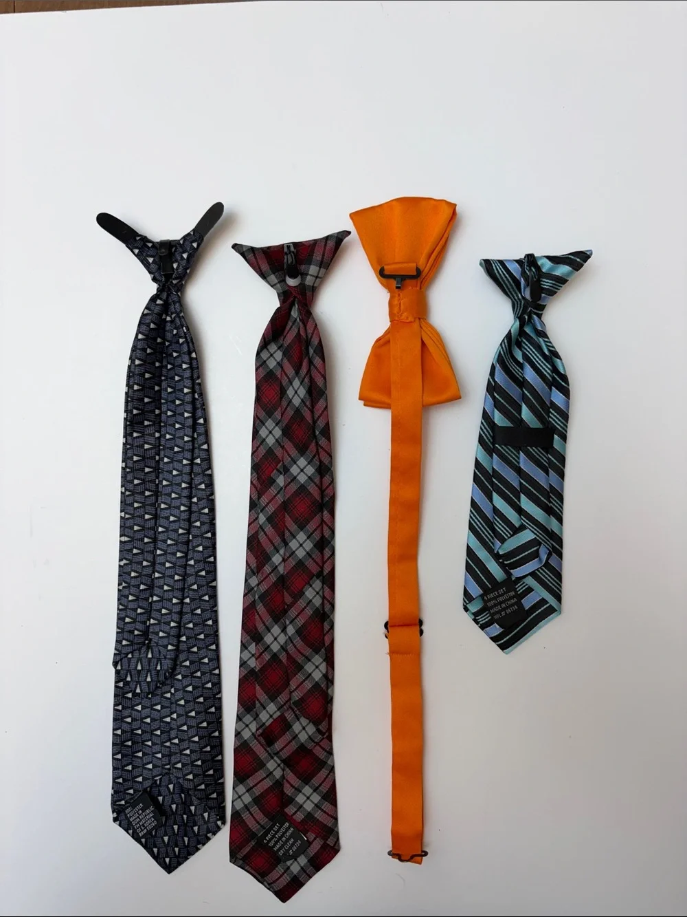 Boys Neckties Bowtie Lot 4 Piece Clip On Plaid Stripe Blue Red Orange Formal